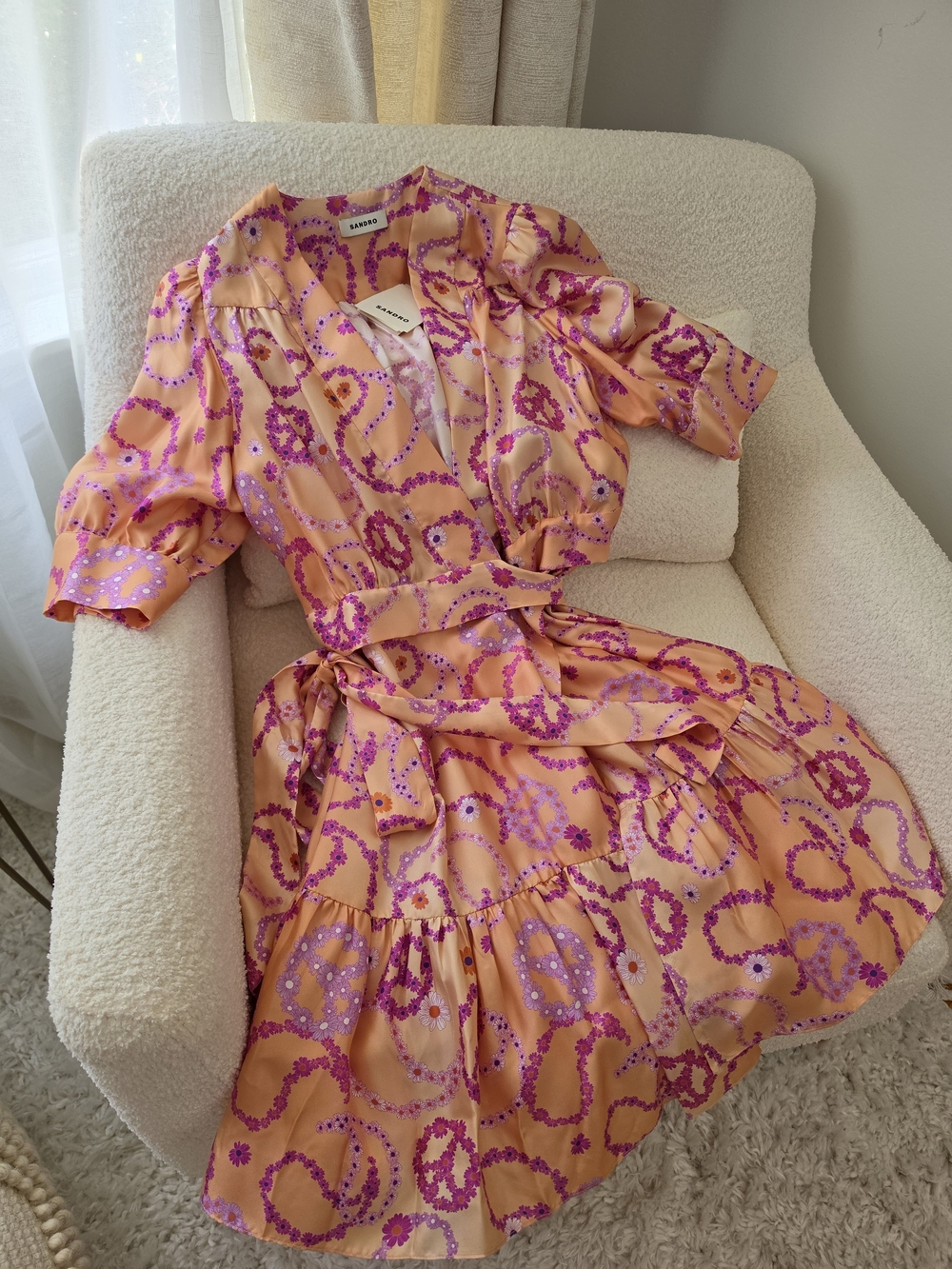 BNWT Sandro Peach & Fuchsia Peace Love Silk Floral Wrap Dress 4 Small 36 $545